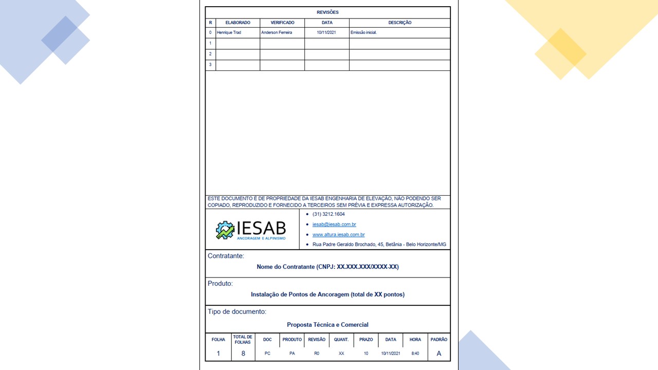 Capa de uma proposta comercial de ponto de ancoragem da IESAB