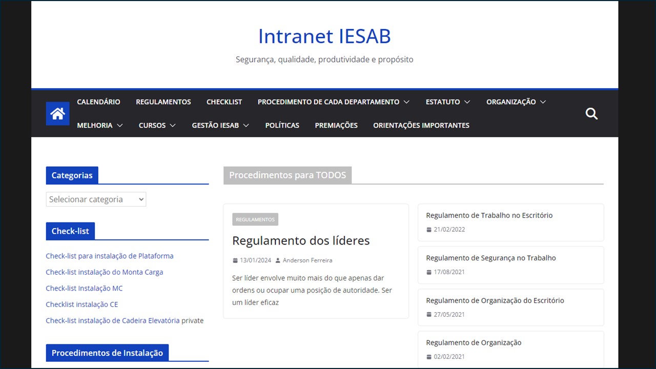 Intranet IESAB em que são apresentados processos de trabalho