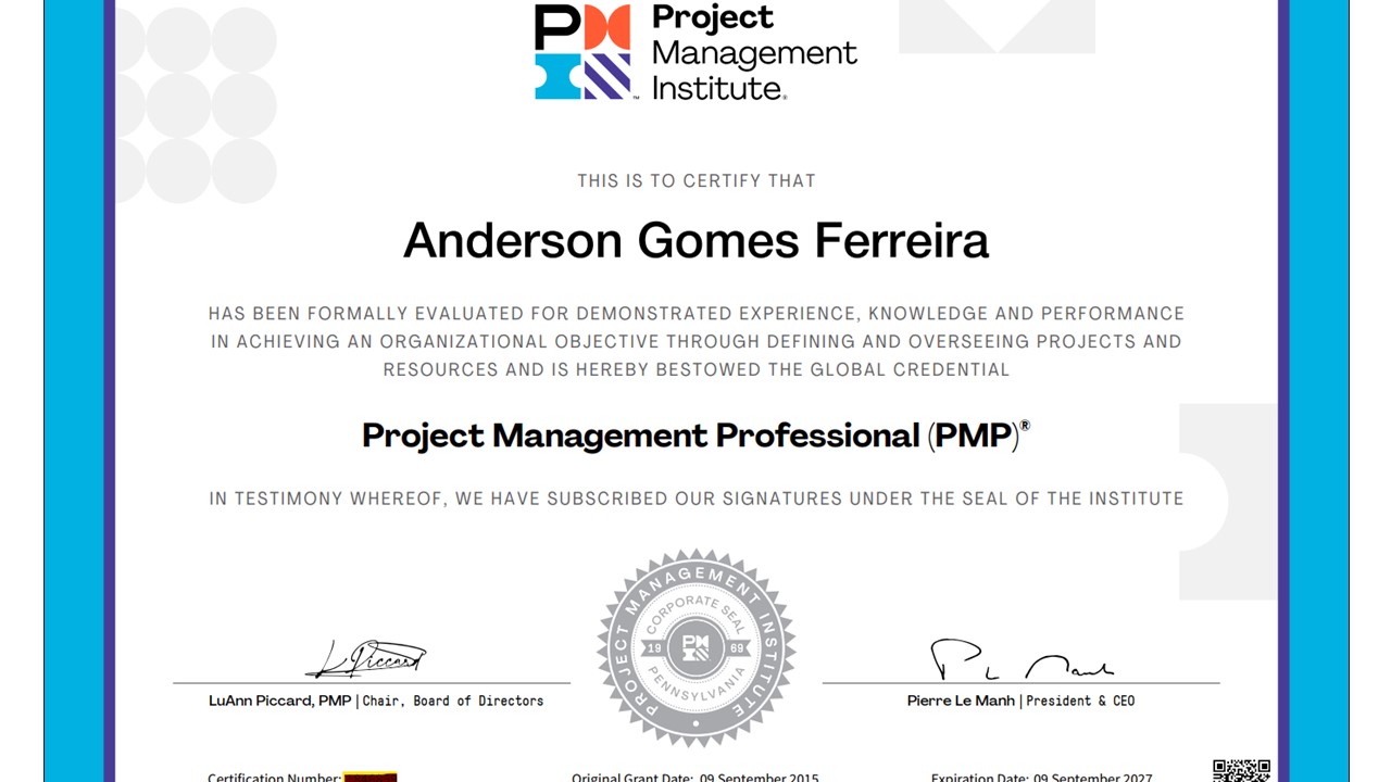 Foto de parte do Certificado PMP