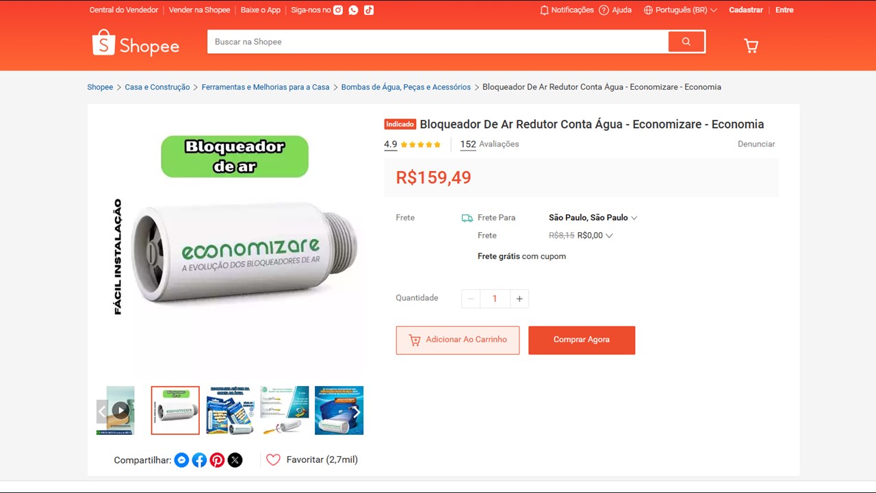 Anúncio do bloqueador que promete reduzir a conta de água